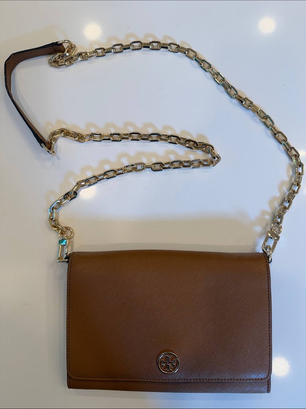 Tory Burch Tan Leather Chain Crossbody Bag with Gold Hardware